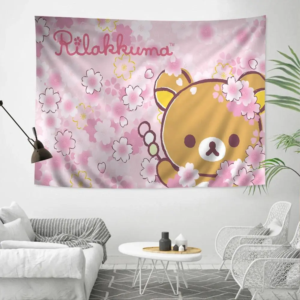 Cute Relaxing Bear Anime Print Tapestry - Lightweight Hippie Flower Wall Hanging, Room Decor for Dorms, Photo Backdrop, Baby Shower/Engagement Party Decor, Home Inspo Home Supplies, Kawaii Decor