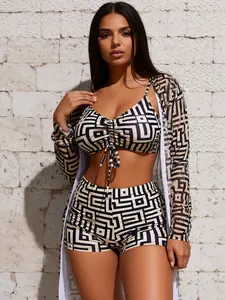 Three-piece Set Women's All Over Geometric Print Bikini Set, Chic Long Sleeve Sheer Cover Up Top & Tie Front Swim Bra & Short Set, Ladies Swimsuit for Beach Holiday Vacatio