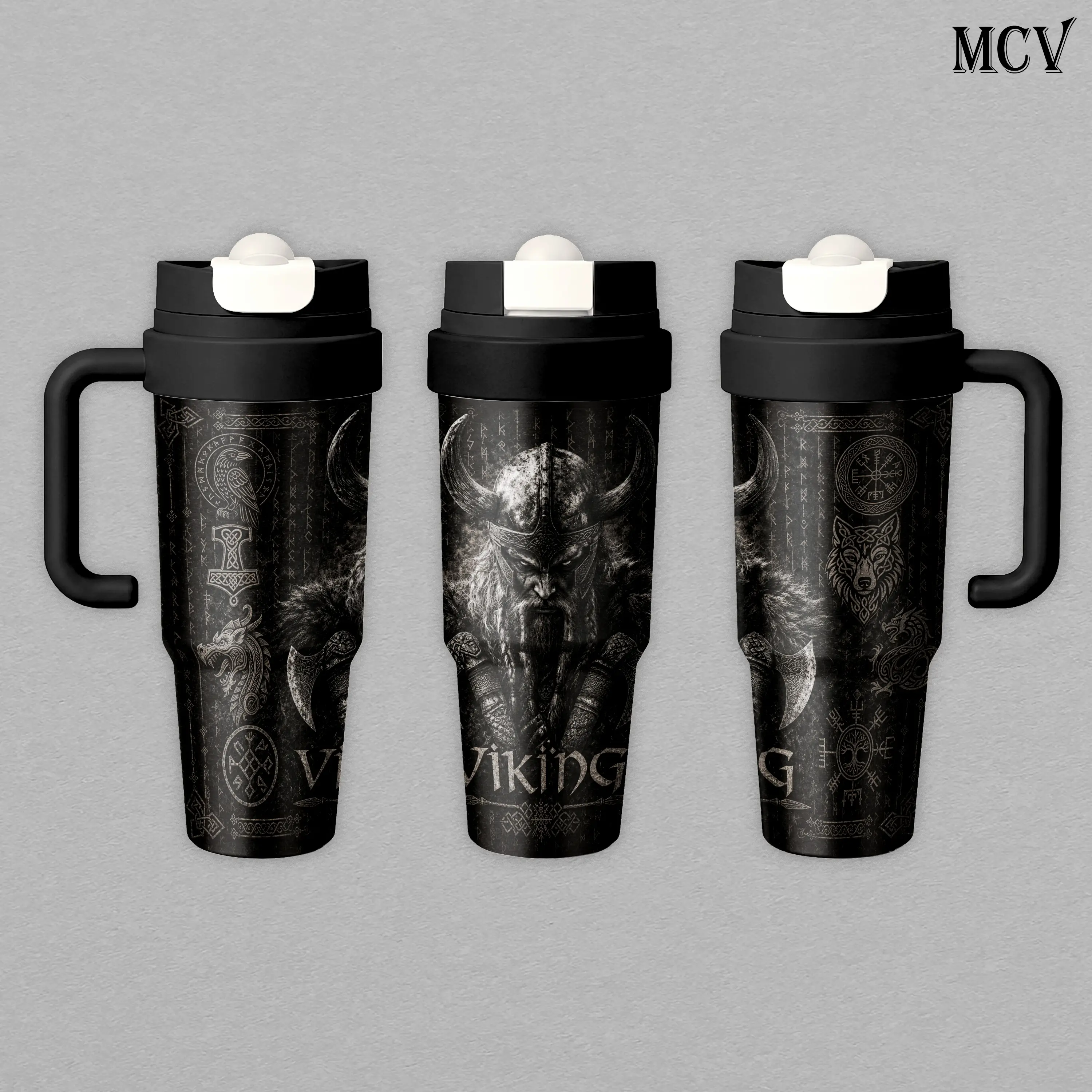 Viking Tumbler 17oz 24oz 30oz, Premium Insulated Stainless Steel Travel Mug with Lid and Carry Strap, Nordic Viking Warrior Graphic Design, Reusable Coffee Water Cup Gift for Men and Women