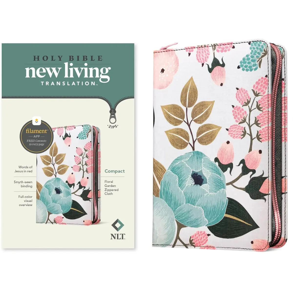 NLT Compact Zipper Bible Filament Enabled – Floral Garden Cloth Cover, Red Letter Edition Paperback