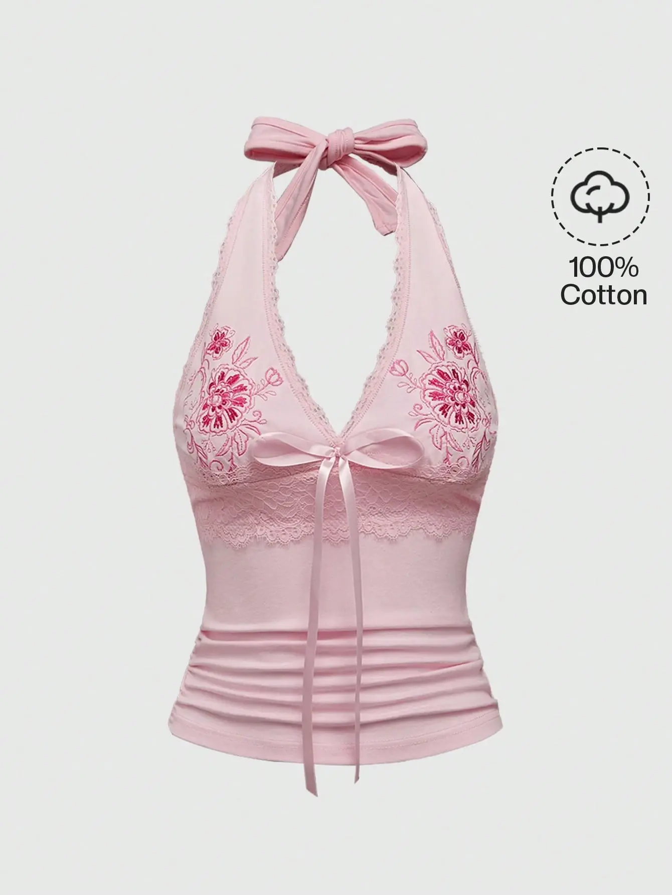SOUQ Y2K Floral Print Contrast Lace Halter Neck Tie-Front Tank Top Cropped Summer Beach Vacation Going Out