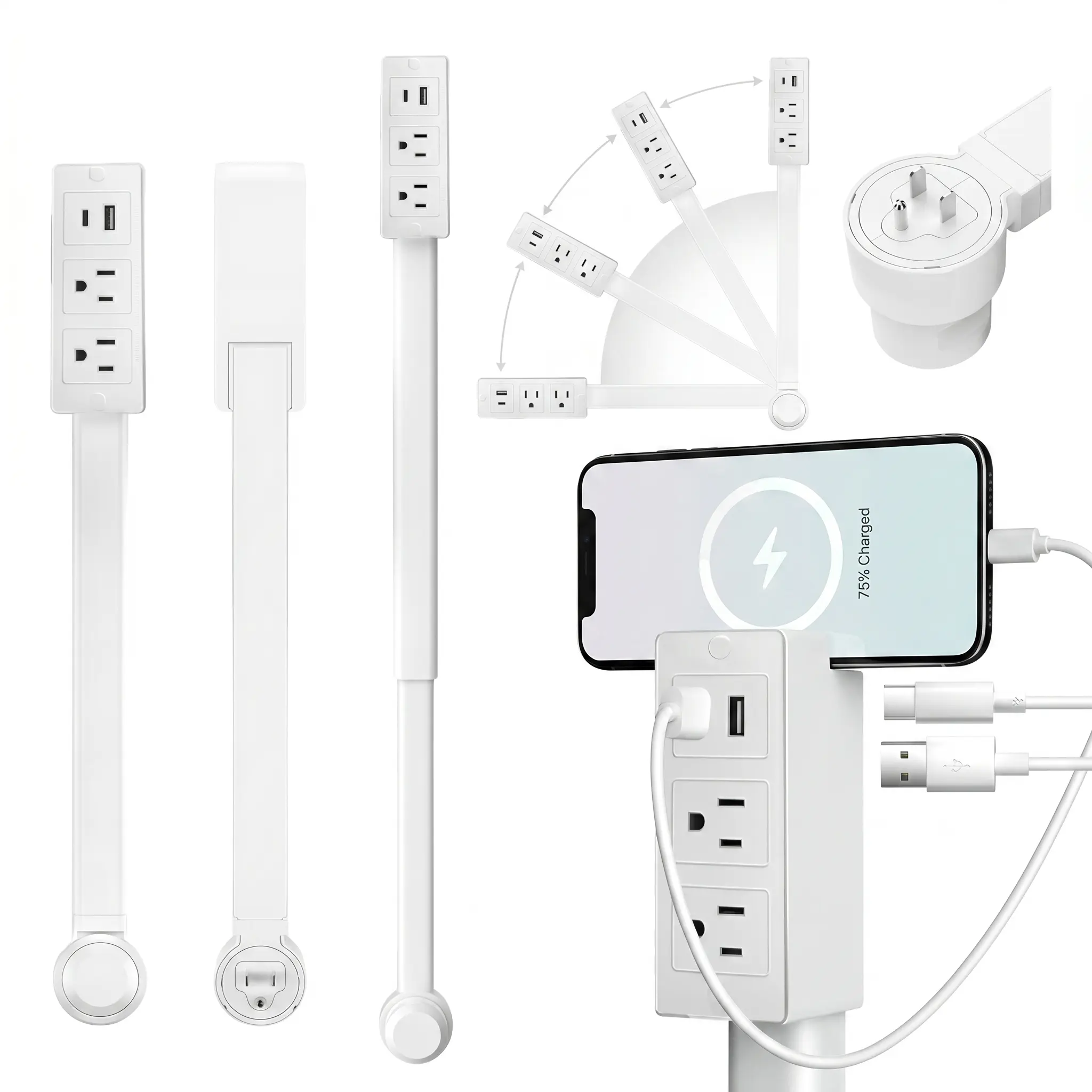 Outlet Electrical Outlet Extender with USB-AUSB-C & 2 AC Outlets Extendable 22-34" Rotatable180°plug,For kitchens,studies,bedrooms PowerStrip,Perfect Gift