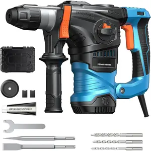 Heavy Duty Rotary Hammer: 13 Amp 1-1/4" -Plus Demolition Hammer Drill for Concrete, Brick & Stone, 6J Power with 4 Functions, Safety Clutch & Anti-Vibration, Drill Bits and Chisels Included