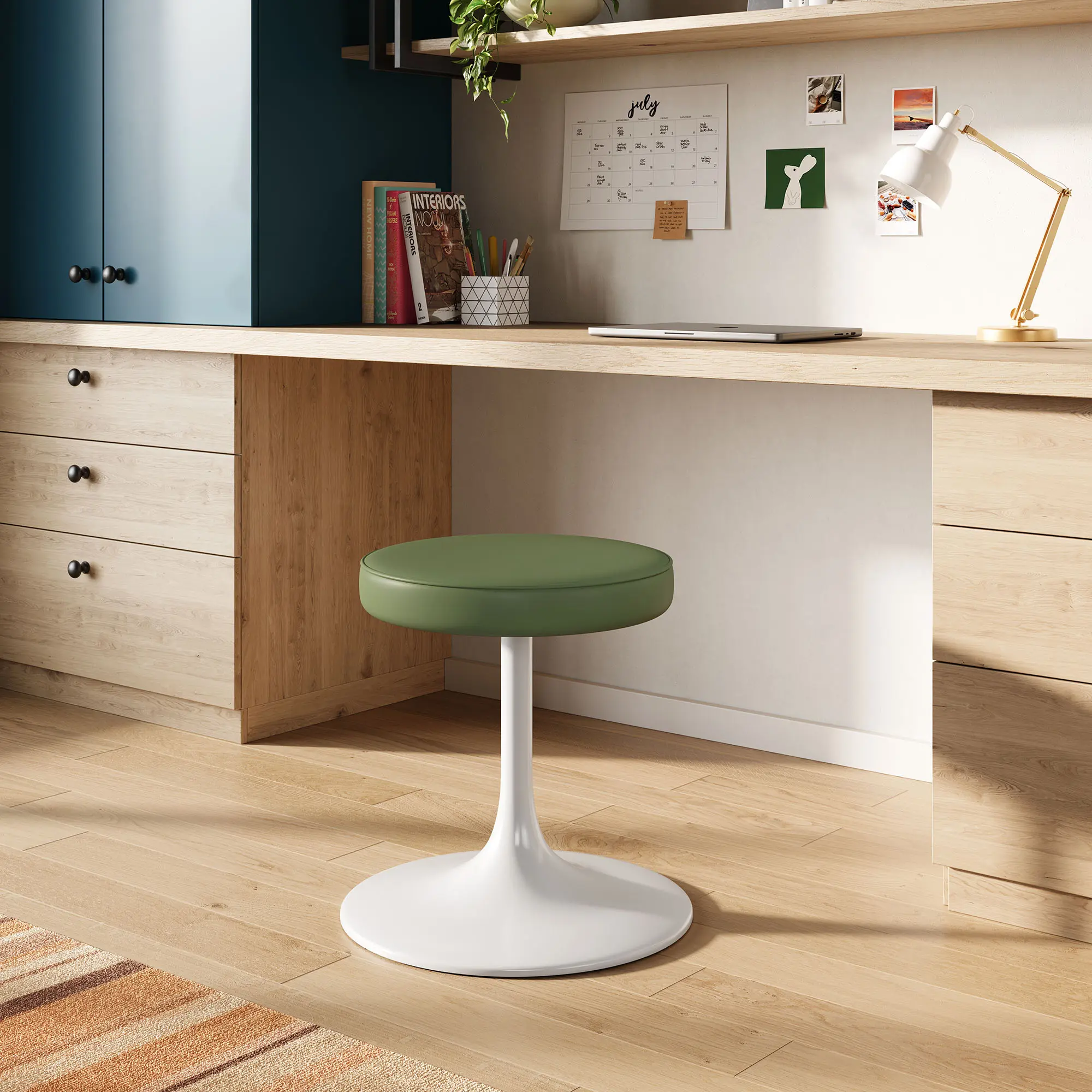 Lippa Vegan Leather Upholstered Round Stool, Leaf Design Indoor Furniture Chair, Upholstered Stool