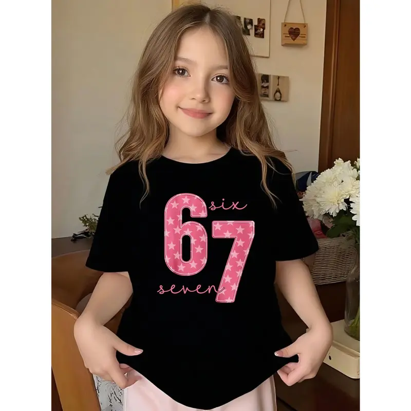 Young Girl's Star Cute Pink 67 Kids Graphic Cotton T-Shirt, Star