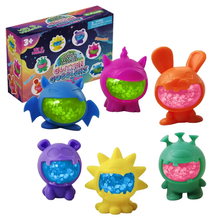 Power Your Fun Glitter Gobblers Squishy Toys 6 Pack, Interchangeable Toys for Kids Ages 3+