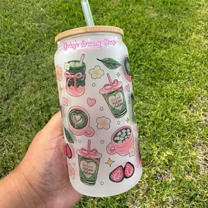 Matcha Iced Coffee Glass Cup drinkware Can Straw Lid Can-Shaped libbey glassware