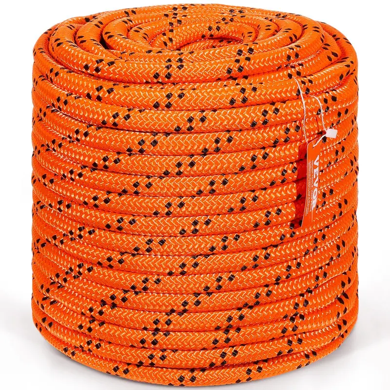 VEVOR Double Braided Polyester Climbing Rope, 3/4 in x 220 ft (10% length increase), 24 Strands, 20000 LBS Breaking Strength, Industrial Ropes Cords & Webbing, Heat-Fused Cutting, Outdoor Wear-Resistant, for Rock Climbing Rescue Work, Orange/Black