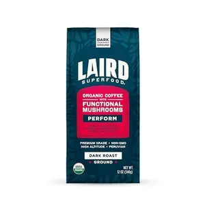 Laird Superfood Peruvian Dark Roast Coffee with Functional Mushrooms, Certified Organic Peruvian Ground Coffee Beans, Gluten-Free, Dairy-Free, Non-GMO, Paleo, Keto Friendly, 12 oz. Bag