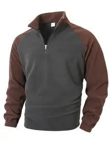 New Polar Fleece Men's Casual Warm Fall Winter Stand Collar Pullover Colorblock Long Sleeve Zipper Sweatshirt