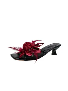 Women's Wine Rose Feather Decorated Mules, Mesh Open-Toe Party Sandals, Soft Sole High Heel Shoes, Perfect for Weddings and Evening Events