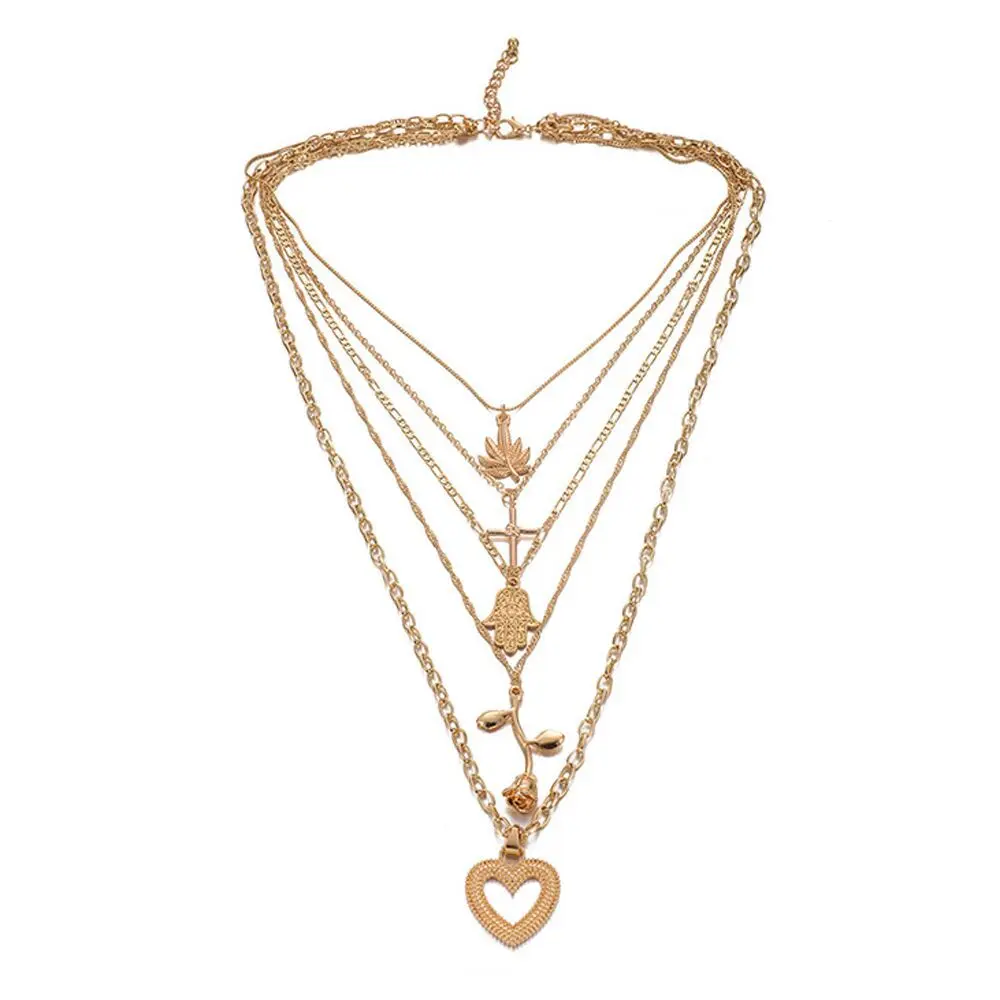 Leaf Multilayer Necklace with Leaf Heart Cross Pendant Necklace Women's Summer Jewelry