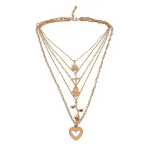 Leaf Multilayer Necklace with Leaf Heart Cross Pendant Necklace Women's Summer Jewelry