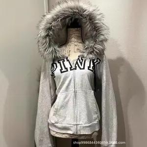 Youth trend hip hop furry hat with fleece zipper sweatshirt jacket top gray cardigan Youth trend hip hop furry hat with fleece zipper sweatshirt jacket top gray cardigan