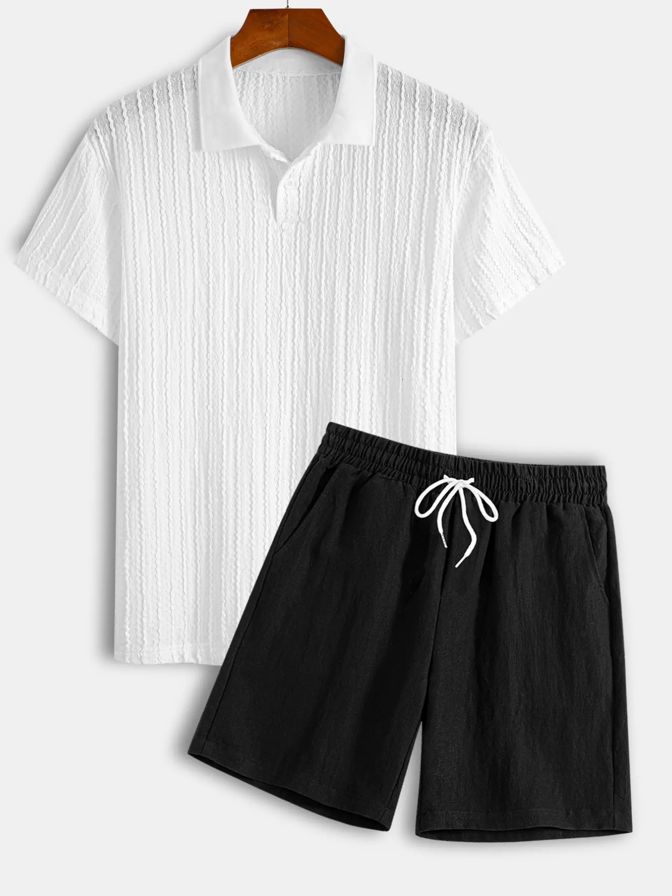 Men's Stretch Knit Jacquard Polo Shirt & Linen Blend Shorts Set, Clothes, Menswear 2 Piece Matching Aesthetic Casual Breathable Summer, Ideal for Beach Golf Daily Wear