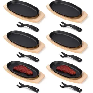 6 count Oval Cast Iron Fajita Skillet Pan Set Small Sizzling Steak Plate with Wooden Base and Handle Cast Iron Fajita Skillet Sizzling Plate for  Valentine's Day(9.5 in x 5.5 in,  )