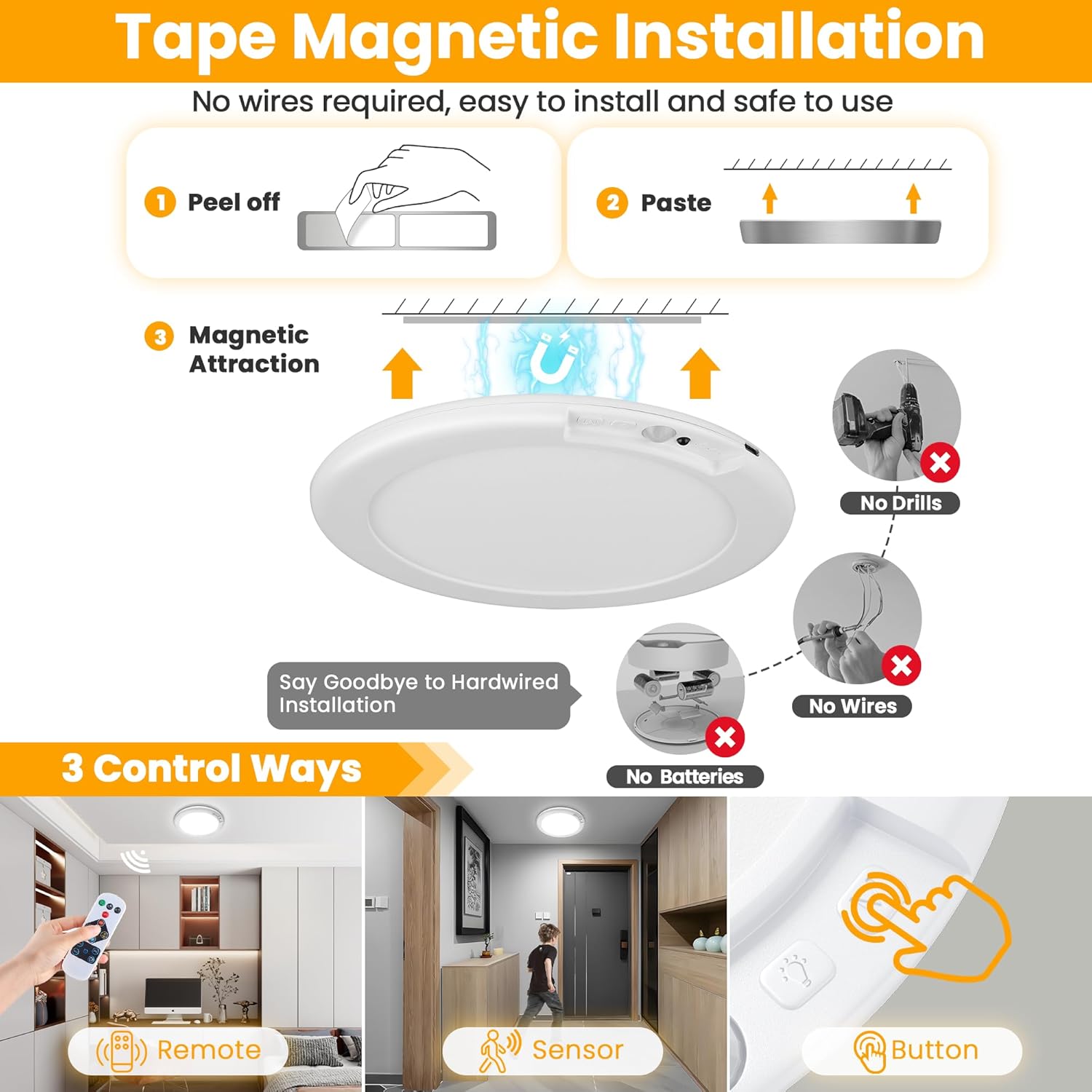 1/4 Pack Wireless Motion Sensor Ceiling Light, USB-C Rechargeable 5000mAh LED Magnetic Lamp with Remote Control, 3000K-6500K Dimmable IP54 Waterproof Fixture for Bathroom, Closet, Stairway