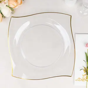 10-Pack Plastic Square Dinner Plates 10" Clear with Gold Wavy Rim Modern - Disposable Party Plates