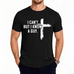 Men’s Christian Graphic Tee, I Can't But I Know A Guy Cross Print T-Shirt, Casual Soft Short Sleeve Religious Daily Wear   summervibes#Summervibes