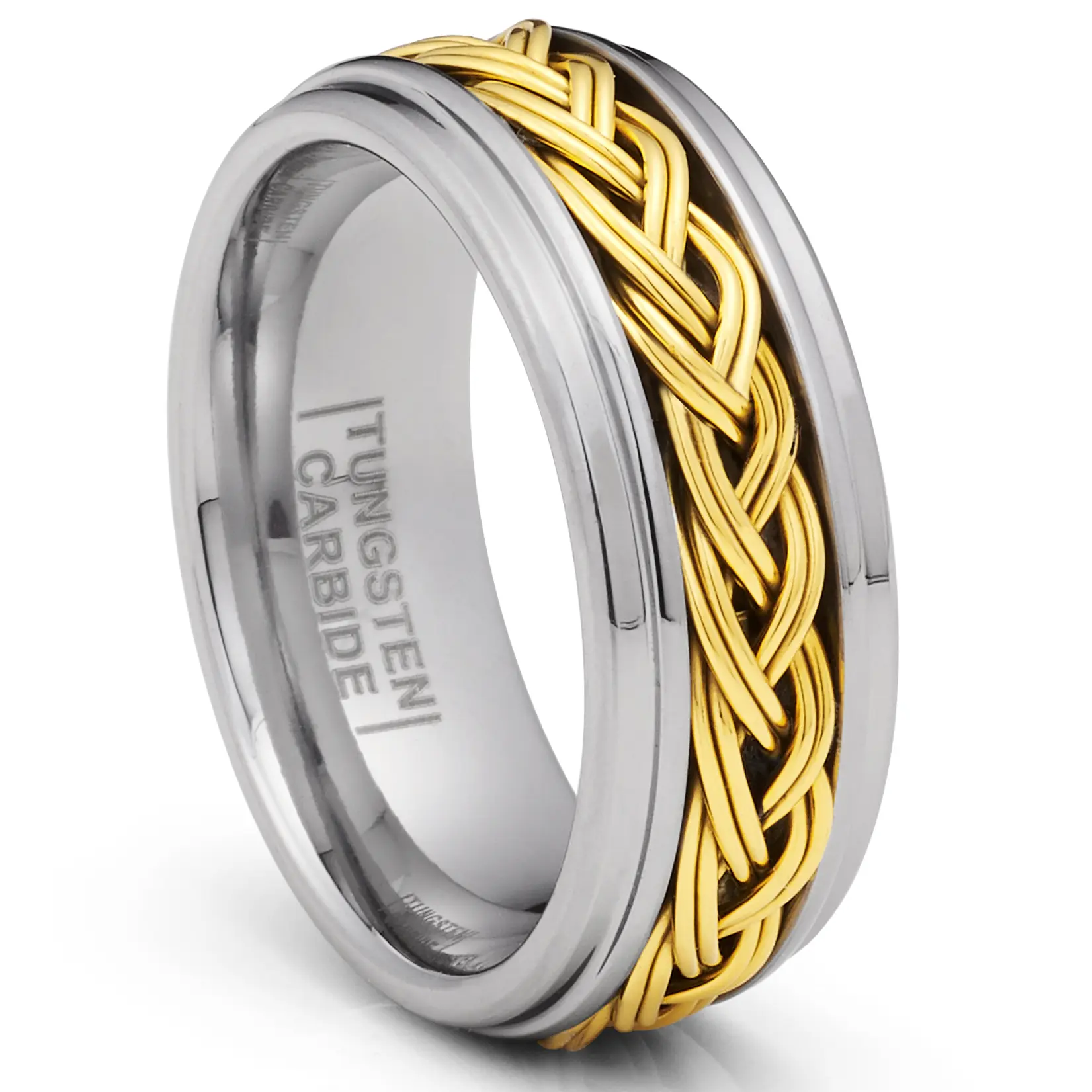 Male 8MM Gold Plated Braided Tungsten Ring, Comfort-Fit Wedding Band with Polished Step Edges & Rounded Inner Surface, Tungsten Wedding Rings for Men