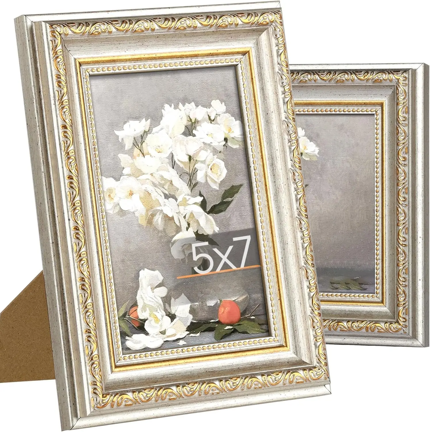 5x7 Picture Frame with Real Glass, Ornate  5 x 7 Photo Frames for Wall Decor or Tabletop Display, White and , 2 Pack