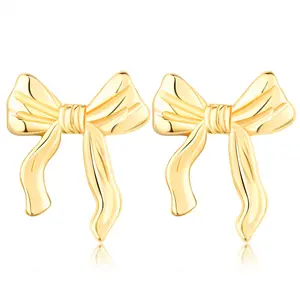 DRINSPER Golden S925 Sliver Bow Earrings for Women Cute Ribbon Earrings Golden Silver Bow Knot Earring Bow Stud Earrings Birthday Party Jewelry Christmas Gifts for Women Girls