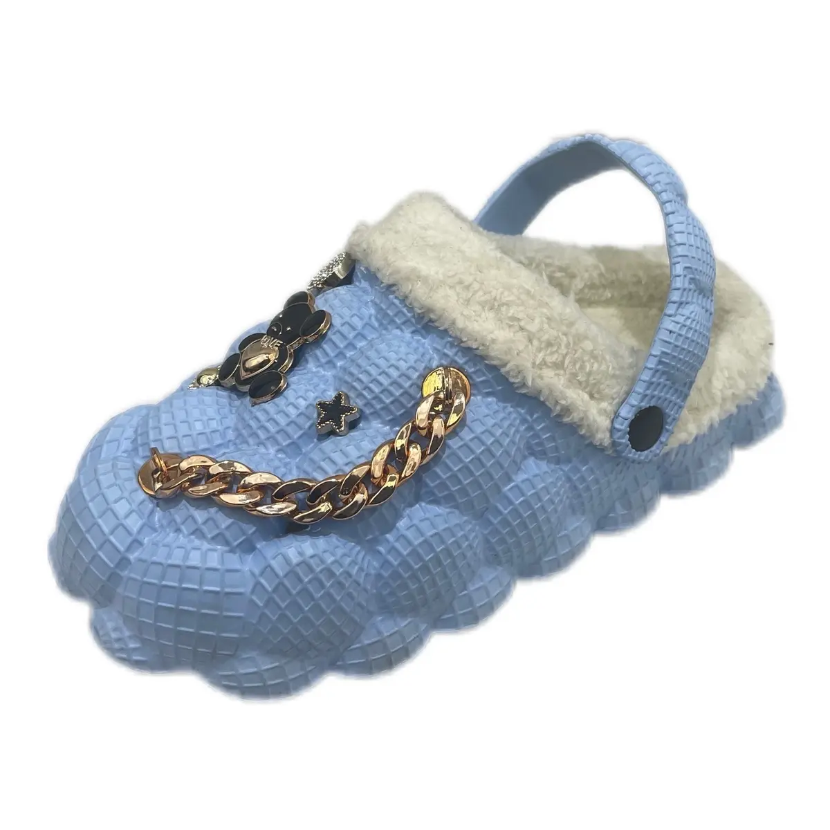Women's Fuzzy House Slippers - Winter Fuchsia EVA Plastic Top Slide, Charm Accent, Round Toe, Striped Design, Flat Sole, Casual Home Footwear, Slide-On, Plush, Women/Girls, Girl, Chain, Casual Wear, Slip On, Slide-On Slipper