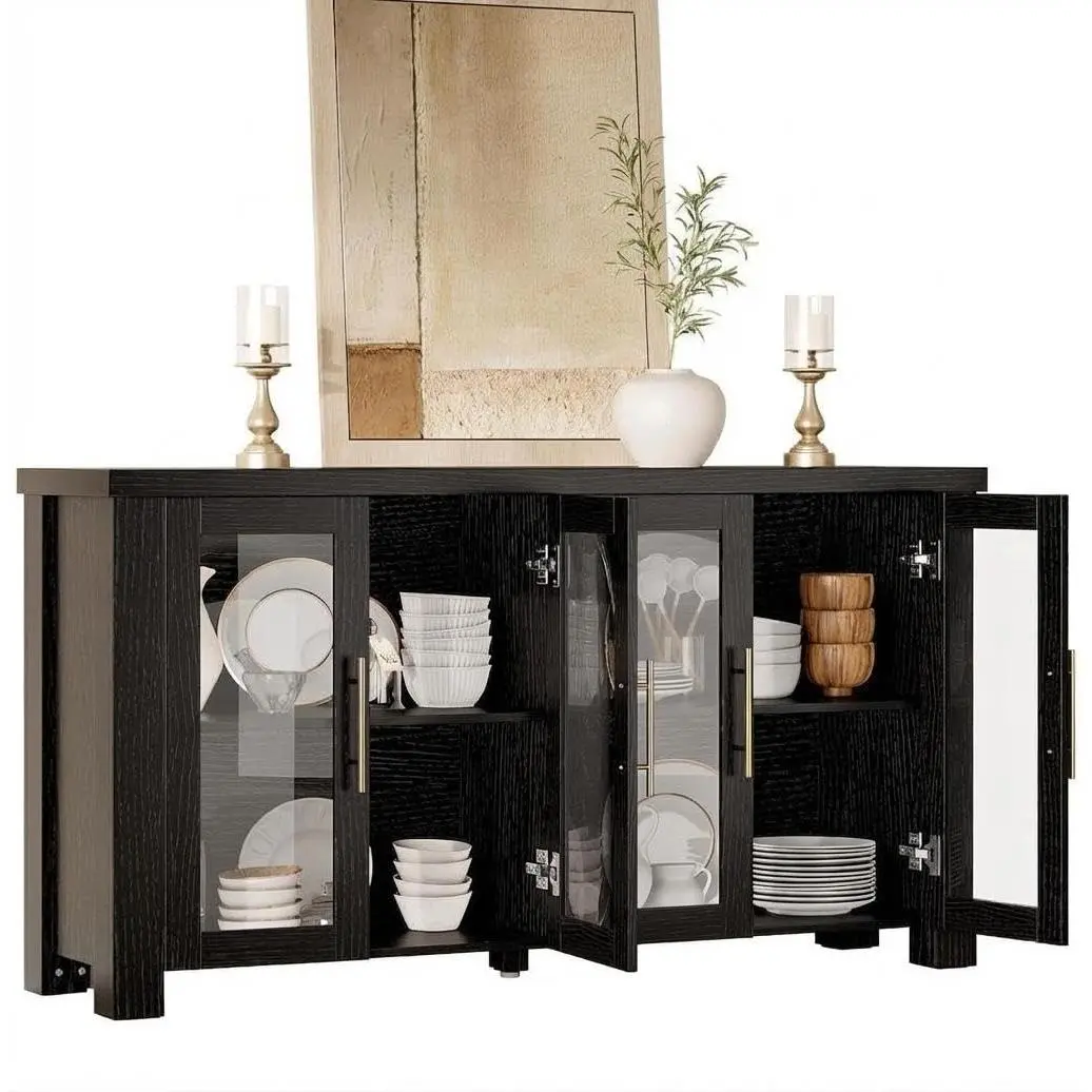 GAOMON Black Tempered Glass Door Sideboard Buffet Cabinet, Multi-Size Natural Wood Finish, Durable 330 lbs Capacity, Assembly Required Storage for Living Room & Dining Area