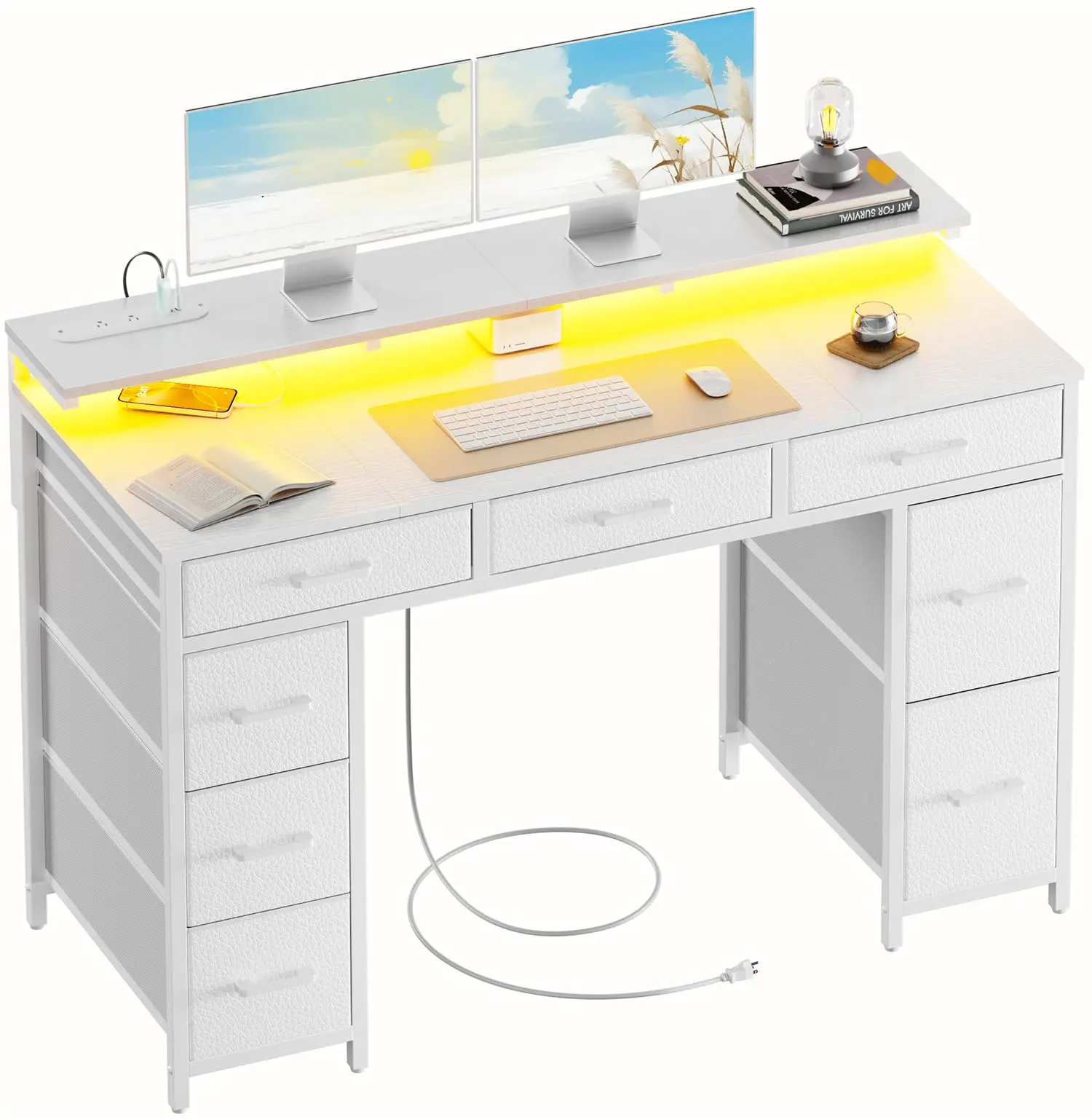 Ecofurnix,47 inch Computer Desk with 8 Storage Drawers, Gaming Desk with LED Lights & USB Power Outlets, Home Office Table with Monitor Stand, Study Writing Work Table for Bedroom Thicker Desktop Oval  Table Wood Workstation summerwins summerwins
