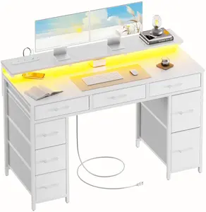 Ecofurnix,47 inch Computer Desk with 8 Storage Drawers, Gaming Desk with LED Lights & USB Power Outlets, Home Office Table with Monitor Stand, Study Writing Work Table for Bedroom Thicker Desktop Oval  Table Wood Workstation summerwins