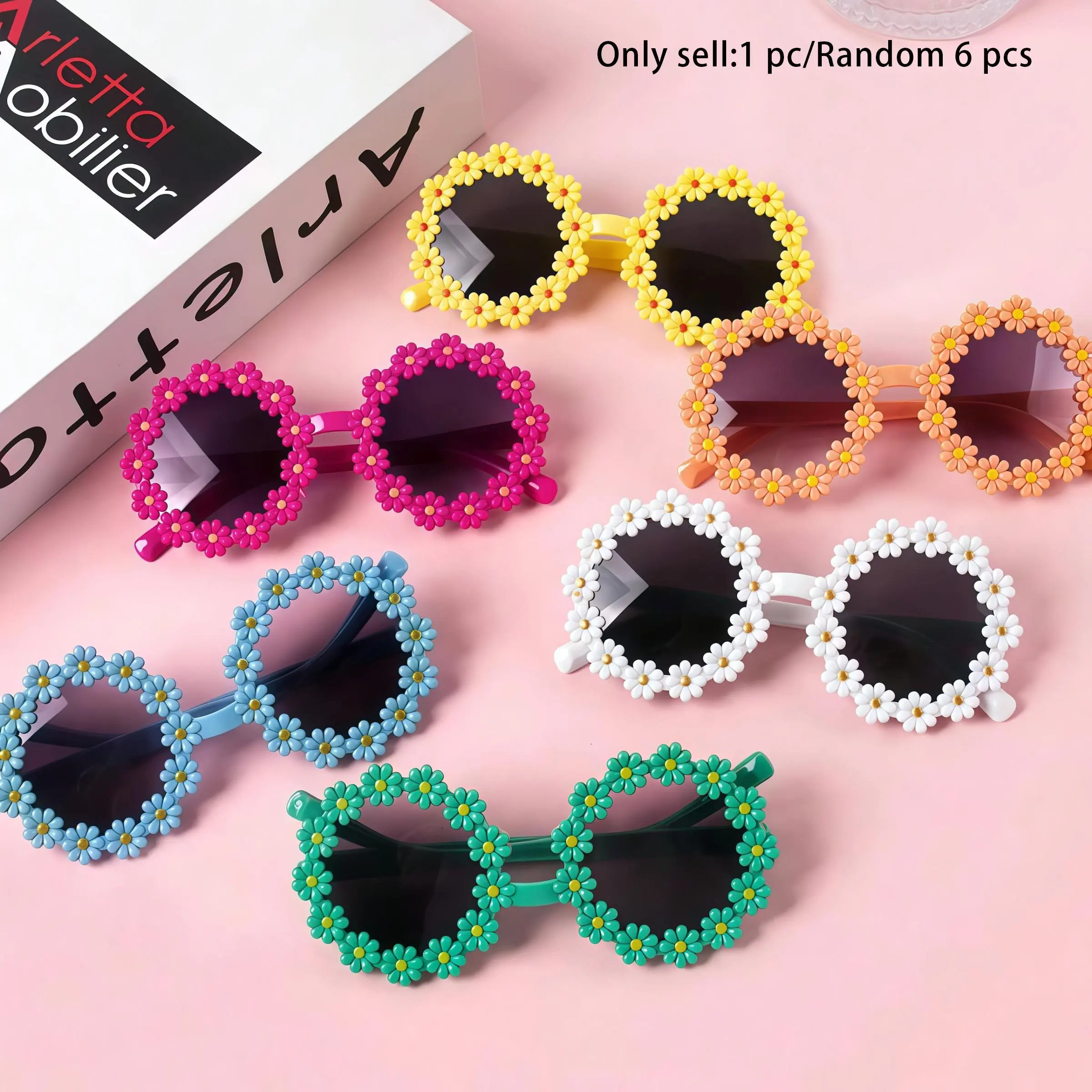 6/1pcs-Kids Daisy Flower Round Frame Girly Fashion glasses Children Girls Birthday Wedding Party Photo Props Summer Outdoor Party Decor Supplies Eyewear Accessories（Non sunglasses）