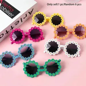 6/1pcs-Kids Daisy Flower Round Frame Girly glasses Children Girls Birthday Wedding Party Photo Props Summer Outdoor Party Decor Supplies（Non sunglasses）