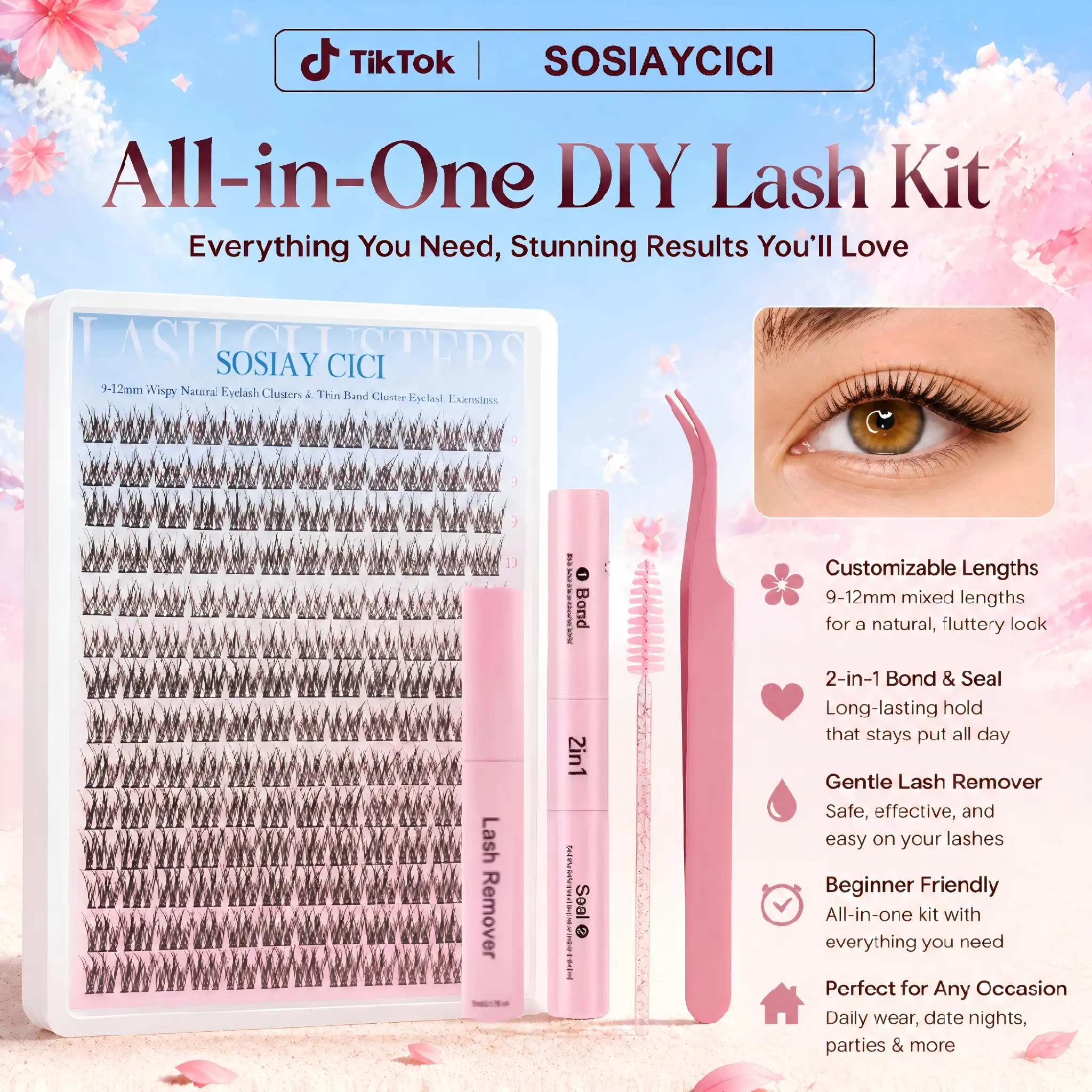 SOSIAYCICI Woods Deer Lash Clusters, DIY Kit for a Flawless, Dense & Dramatic Look - Nature-Inspired Beauty Products with Long-Lasting Bond, Seal & Tools for At-Home Use, Eyelash Clusters Kit, D Curl, Makeup Girls