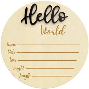 Kemina Blankets Wooden Baby Announcement Sign – 6-Inch Black “Hello World” Newborn Name Sign for Hospital Birth, Photos, and Nursery Decor Gift