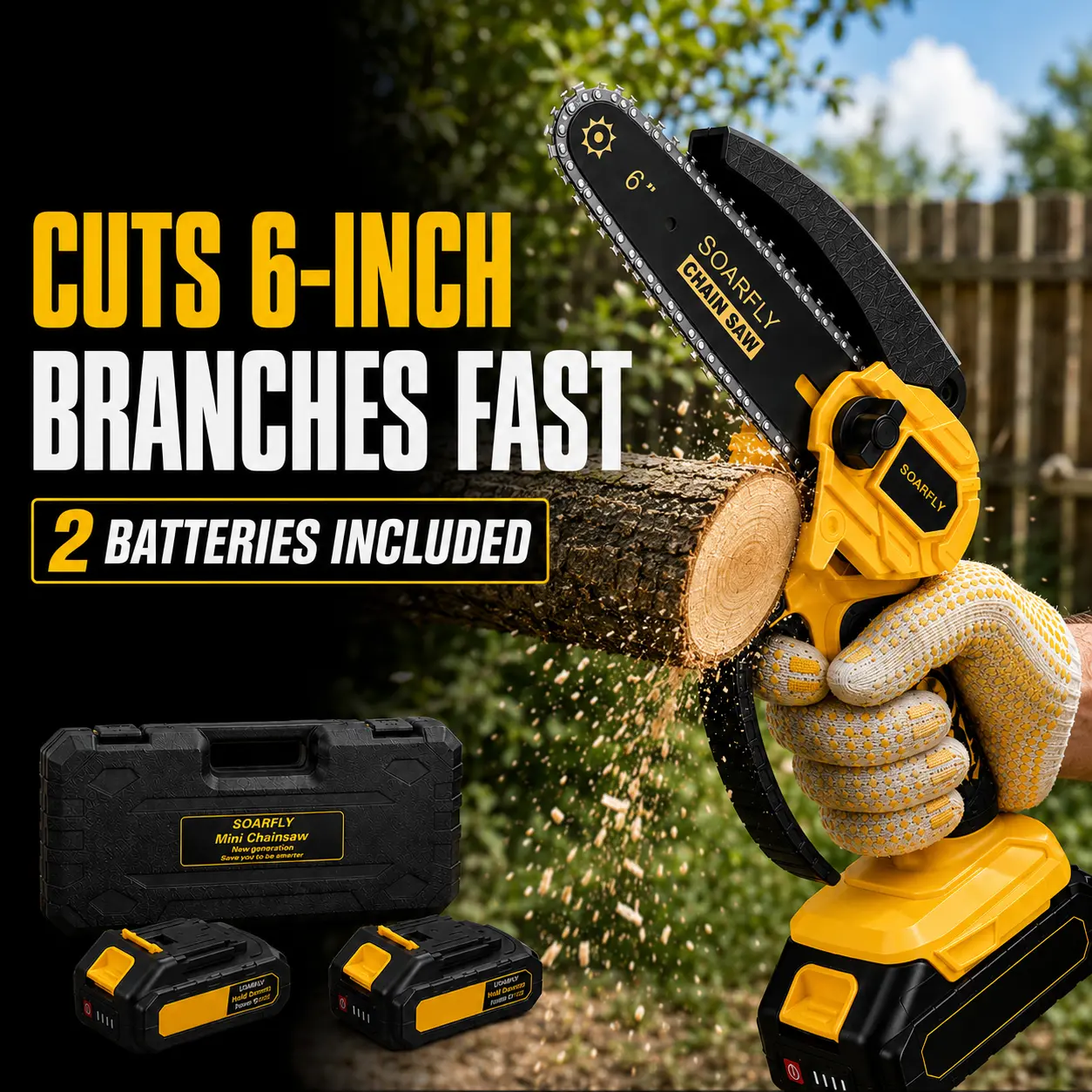 SOARFLY 6-Inch Cordless Mini Chainsaw Kit with 2 Batteries, 21V Lightweight One-Hand Electric Chainsaw with Tool-Free Chain Tensioning & Safety Lock for Tree Trimming and Wood Cutting