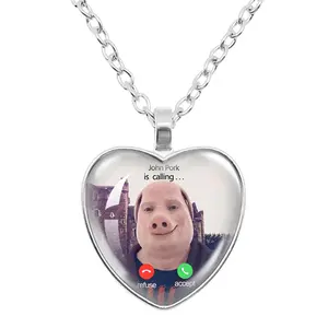 John Pork is Calling Answer Call Phone Humor Funny Pig Lover Graphic Glass Heart-Shape Pendant Necklace Charm Jewelry Gift Hot