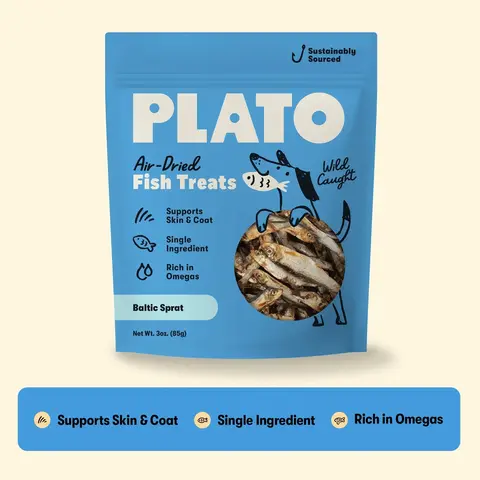 Plato Wild-Caught Baltic Sprat Dry Dog Food Treats, Single-Ingredient Whole Fish, Skin Care & Shiny Coat Support, Grain-Free Air-Dried, Ideal for Feeding, 3oz & 7.5oz