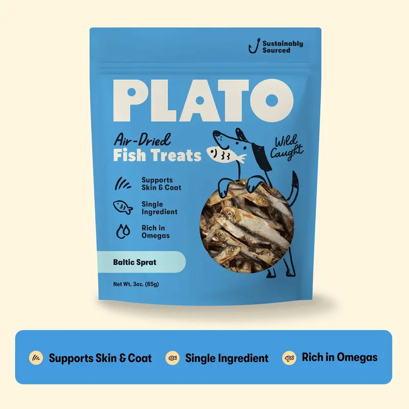 Plato Wild-Caught Baltic Sprat Dry Dog Food Treats, Single-Ingredient Whole Fish, Skin Care & Shiny Coat Support, Grain-Free Air-Dried, Ideal for Feeding, 3oz & 7.5oz