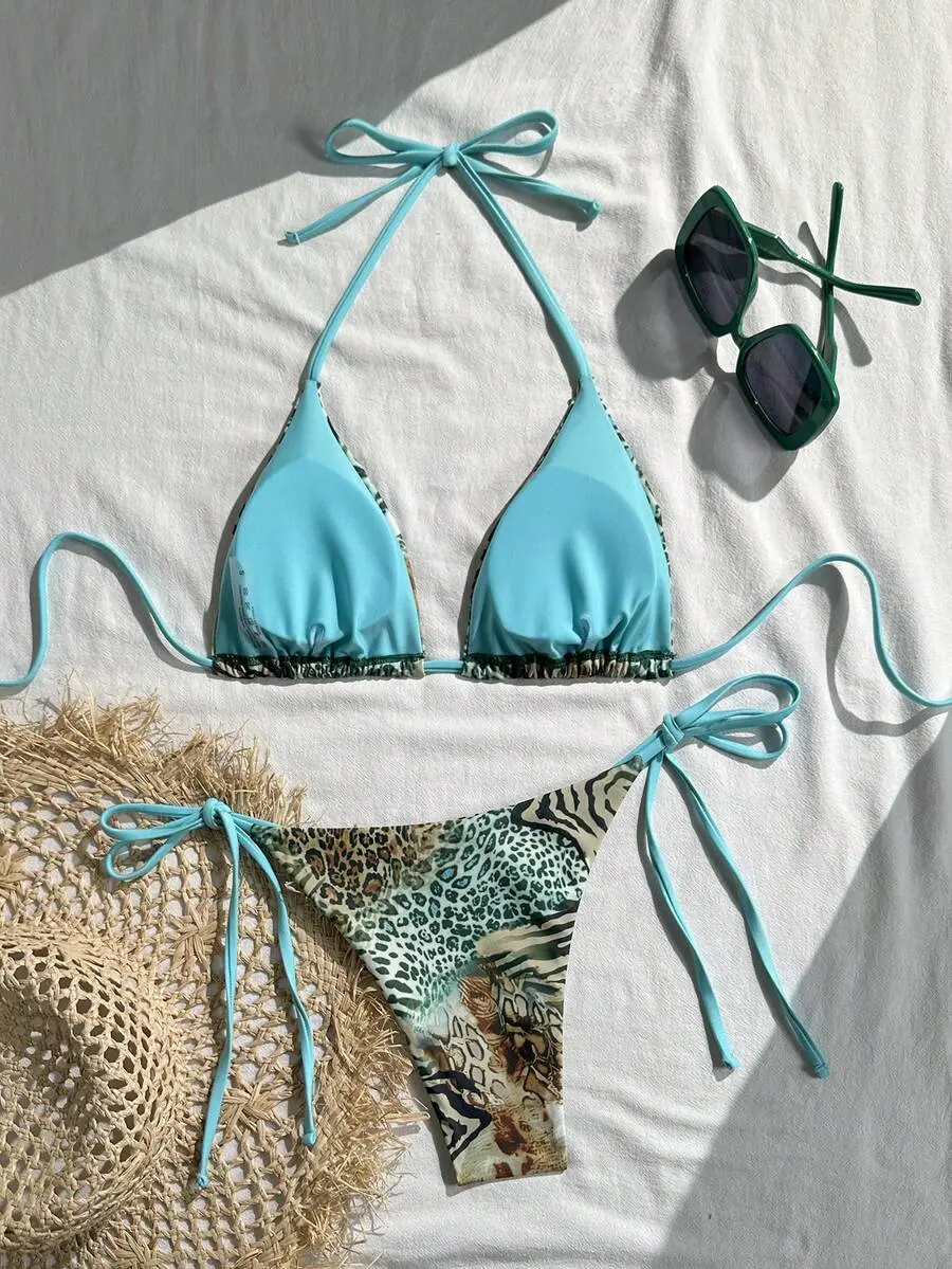 Vintage Leopard Print Pattern Bikini 2 Pieces Set For Women Vacation Beach Summer