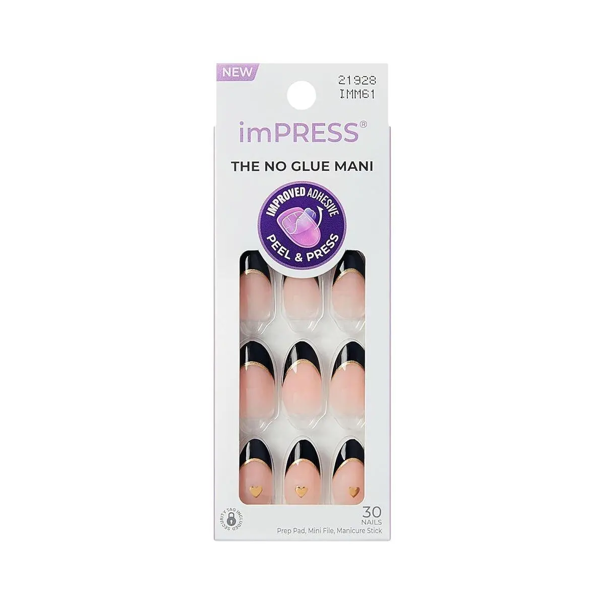 Kiss Impress No Glue Mani Press On Nails, Design, 'Positive', Black, Medium Size, Almond Shape, Includes 30 Nails, Prep Pad, Instructions Sheet, 1 Manicure Stick, 1 Mini File