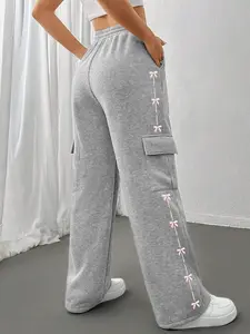 Women's Grey Coquette Sweatpants with Pink Bows, Cute Ribbon Side Detail Wide Leg Cargo Pants, Y2K Soft Girl Aesthetic Loungewear，Grey Cargo Sweatpants with Pockets, Sweet Bow Knot Side Striped Trousers, Loose Fit Casual Joggers for School & Daily