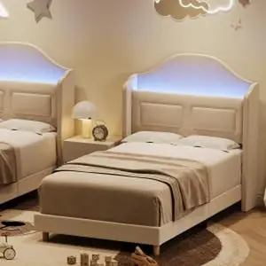 Garvee TWIN Upholstered Bed with LED Lighting and Storage, Soft Padded Toddler Bed Made of Iron, Plywood, and Sponge in Beige Color, Functional and Stylish Furniture