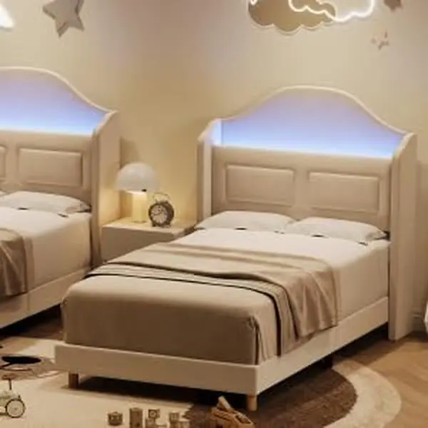Garvee TWIN Upholstered Bed with LED Lighting and Storage, Featuring Iron, Plywood, and Soft Padded Sponge Upholstery in Beige, Ideal for Toddlers