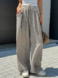 Plus Size Women's Striped Elastic Waist Drawstring Wide Leg Pants, Loose Casual Design, Summer Fashion, Comfortable Fit, Elegant Style Fabric