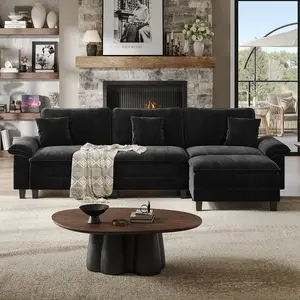 [3 Packages Shipping] 123'' Cloud Modular Couch Sofa, Oversized 3 Seat Comfy Sofa For Living Room, Sectional Couches With Ottoman, Detachable Seat Cushion & Backrest Cover, Chenille Fabric Beige