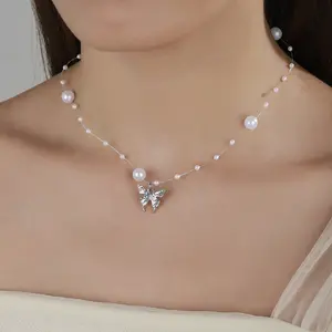 Boho Multi-Stone Choker Set| Dainty Butterfly Pearl Necklace for Women#clean girl jewelry#elegant jewelry gift#lacy chain#rope chain#butterfly#statement style#pearl drop#boho style ring