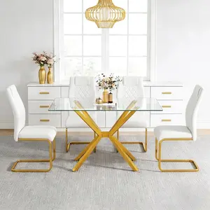 Modern 47.24-Inch Rectangular Glass Dining Table, Kitchen Table with Gold Metal Legs,Adjustable Feet, Stable and Durable, Supports 220 lbs, Easy to Assemble, for Kitchen and Dining Room