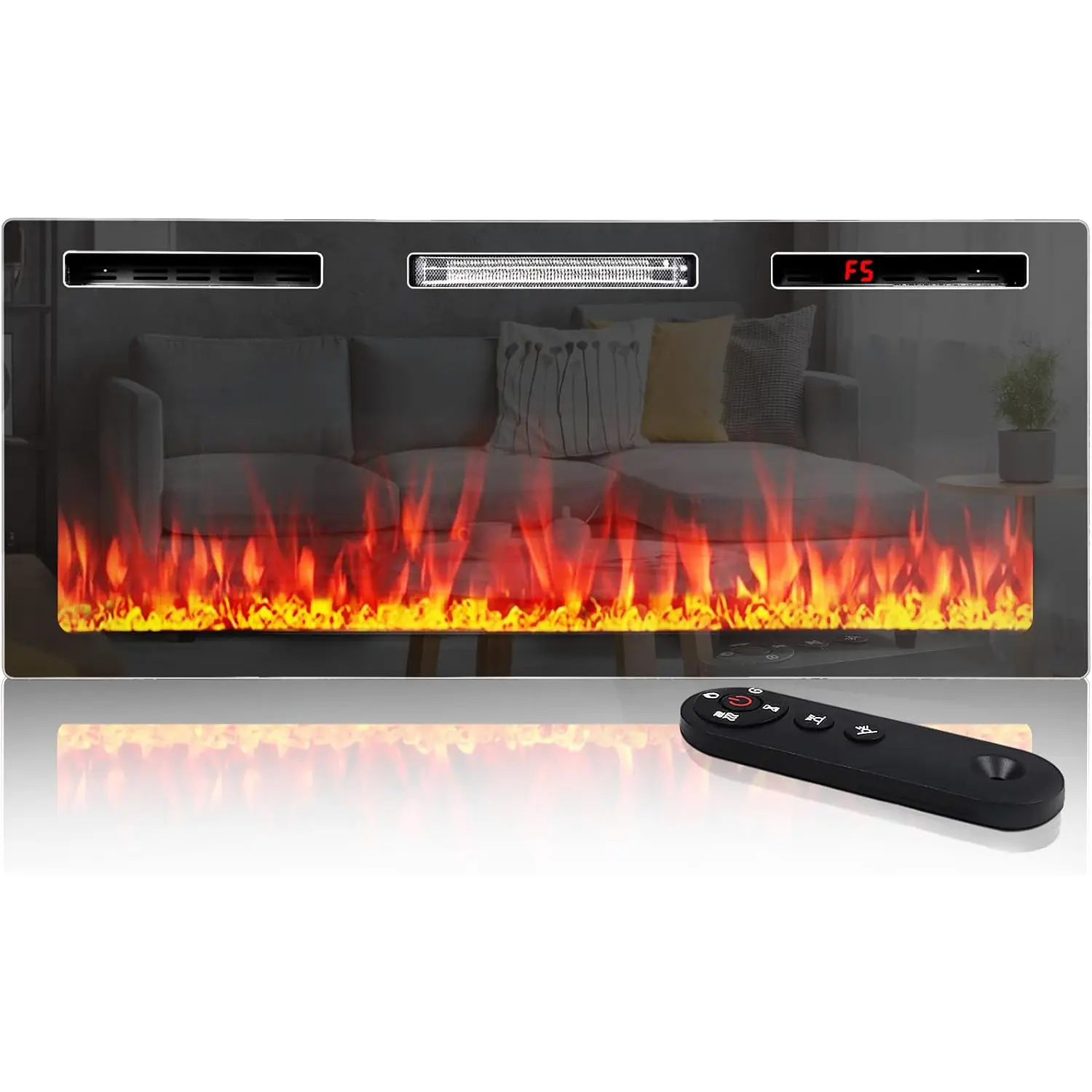 PUKAMI 72-in Ultra-Thin Silent Linear Electric Fireplace - Recessed Wall-Mounted Home LED Heater with 750w/1500w Power, 12 Adjustable Variable Luminous Flames & Speed, Timer, Touch Screen Remote, Light-Up Glass, Scheduled Shutdown