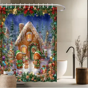 1pcs Holiday Theme Bath Curtain-2D Flat Gingerbread House Christmas Atmosphere Decorative Elements Print Bath Curtain Fun Home Window Curtains Bathtub Decor Bathroom Decor 70.8x70.8 inches
