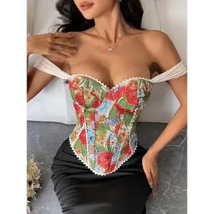 Women's Vintage Floral Corset Top - Sleeveless Non-Removable Padded Bust Mermaid Hem Off-Shoulder Design Perfect for Casual or Formal Wear Valentine's Day